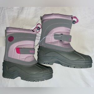 NWT Totes Sz-2 GS Kids Pink/Gray Warm Winter Snow Boots-Great Tread, Easy On/Off